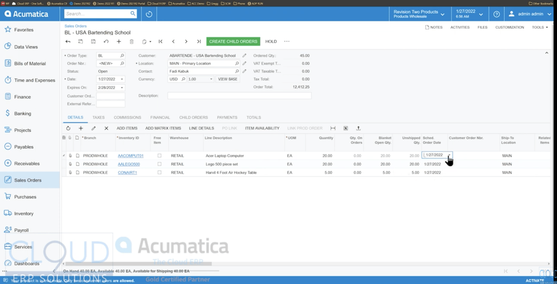 Blanket Sales Orders in Acumatica